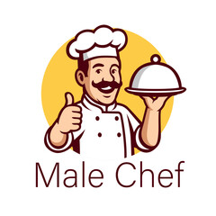 A chef holding a silver plate or platter domed cloche of food peeking over a sign and giving a thumbs up cartoon.