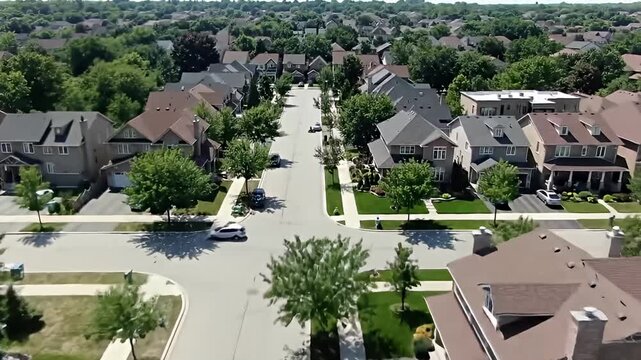 Aerial shot of a residential street lined with houses and mature green trees
