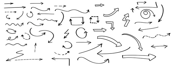 Collection of various handdrawn arrows and pointers isolated on transparent background