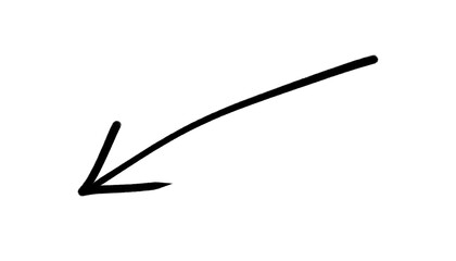 Handwritten black arrow pointing down and to the left, isolated on transparent background
