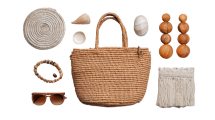 Beach bag composition with boho style accessories, flat lay isolated on a Transparent background, PNG file.