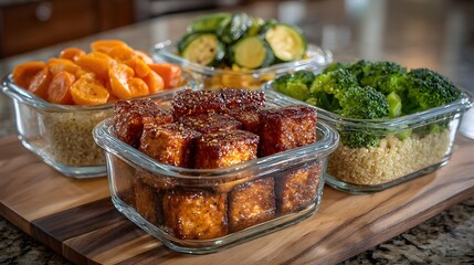 Obraz premium Prepared meals in glass containers on a wooden board.