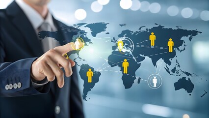 Man touching global network of people icons on world map suit holographic