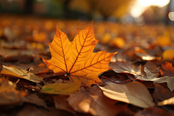 A close up of a bright orange maple leaf fallen on a bed of autumn leaves in soft sunlight outdoors