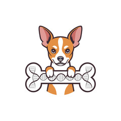 Adorable small dog biting bone with DNA spiral design for pet science, love for pets, or breeding, vector illustration design