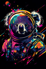Colorful astronaut koala character in vibrant space suit against a dark cosmic backdrop