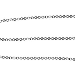 Closeup view of three delicate metal chains, isolated on a transparent background