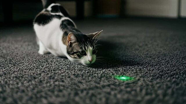 Cat intensely focuses on a green laser pointer dot on a gray, carpeted floor