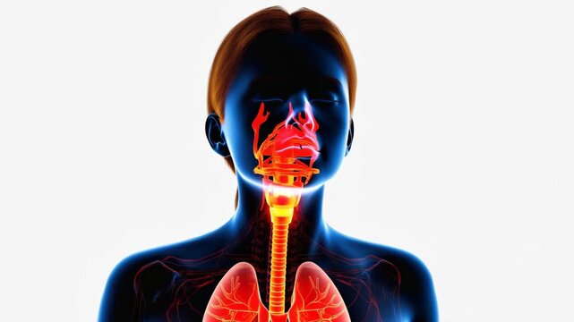 Side profile medical rendering of a female human respiratory system showing inflamed airways, sinus cavity, lungs, and trachea in glowing red tones for clinical research, education, healthcare visuals