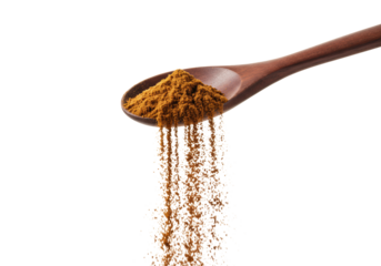 Beautifully crafted dark brown wooden spoon suspended, elegantly pouring fine granular dark brown powder on transparent backdrop, concept of culinary excellence