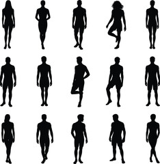 Silhouette of male and female body, standing human figure collection, various poses, full body vector illustration, isolated on white