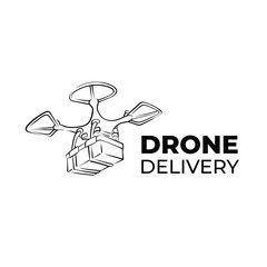 Drone delivery service vector line art logo isolated background