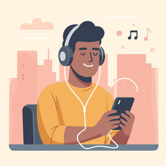 Vector Illustration of Young Man Listening to Music with Headphones and Phone in Modern Style