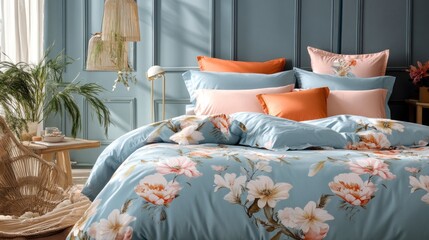 Floral bedding on a bed in a bedroom with blue walls.