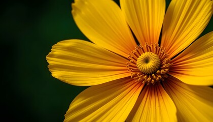 Obraz premium Close-up Detail of Vibrant Yellow Cosmos Flower with Dark Green Background in Macro Photography