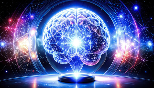 Artificial intelligence, embodied in the form of a human brain, is permeated with neon neural connections. High quality photos.