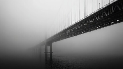 Obraz premium Suspension Bridge shrouded in fog over water. Calm, quiet, dark for drama, mood