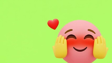 A cute pink emoji with yellow hands covering its mouth and a red heart floating nearby, conveying a shy, blushing, and loving emotion against a plain green background