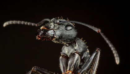 Stunning macro photography of a black ant's head. Detailed view of its compound eye and antennae against a dark background, revealing insect anatomy.