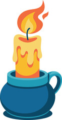 Burning yellow candle in blue holder, wax dripping illustration, spiritual home decor, relaxing meditation symbol, peaceful flame vector design
