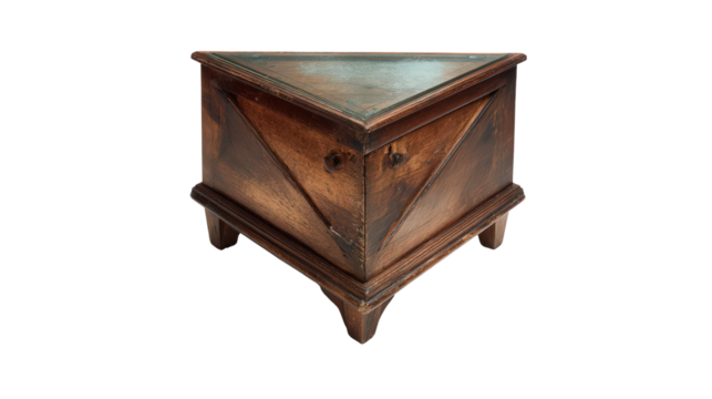 Birds-eye view of a vintage corner cabinet, triangular shape, isolated on a Transparent background, PNG file.