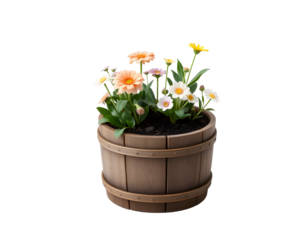 Wooden Barrel Planter with Colorful Flowers