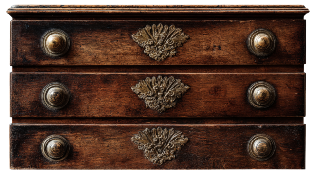 Birds-eye view of classic antique chest of drawers with ornate handles, isolated on a Transparent background, PNG file.