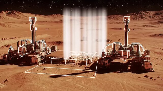 Robotic machines operate on a desolate red planet, constructing an outlined building foundation