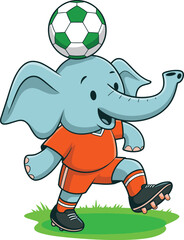 Cartoon elephant wearing orange jersey playing soccer, balancing ball on head, fun character for children, sports theme, playful vector illustration