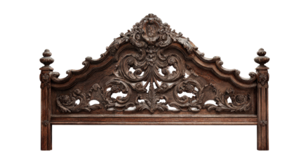 Birds-eye view of old carved bed frame headboard, detached, isolated on a Transparent background, PNG file.