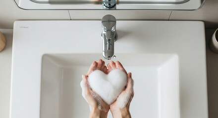 Heart-Shaped Soap Foam in Hands Over Sink for Global Handwashing Day