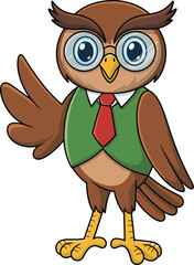 Cartoon owl character with glasses, green vest, red tie, waving gesture, educational bird illustration, professional mascot, vector clipart design