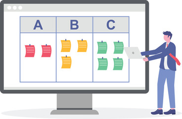 Vector illustration of employees voting with sticky notes on whiteboard democratic teamwork and group evaluation

