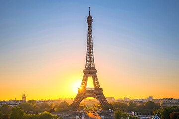 Obraz premium Eiffel Tower at sunset with vibrant golden light, Paris cityscape, travel destination