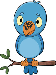 Cute cartoon blue bird perched on leafy branch, vibrant children’s illustration, whimsical animal character, nature clipart for educational and creative use