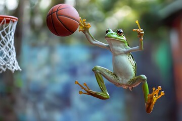 frog mid-jump holding a basketball for a slam dunk, urban outdoor court scene 
