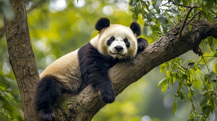 Obraz premium Sweet female Panda, Rui Rui, Relaxing on the tree, Wolong Giant Panda Nature Reserve,