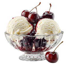 Vanilla ice cream sundae with cherry topping in a glass bowl isolated on black