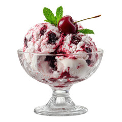 Creamy vanilla ice cream sundae with cherry swirls and fresh mint garnish