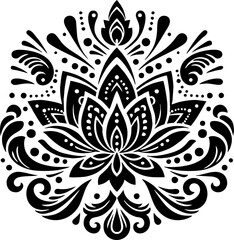 Lotus Solid Black Silhouette Vector in Traditional Mexican Folk Art Style
