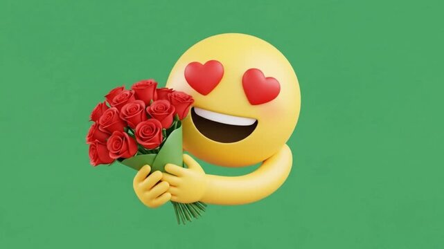 A happy yellow emoji face with heartshaped eyes and a blush, holding a bouquet of red roses, conveying love and affection against a simple green background