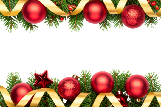 Flat Lay of Red Christmas Ornaments with Pine Branches and Gold Accents, Top-Down Composition, Isolated on Transparent Background PNG 