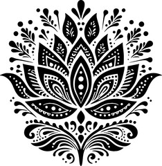 Lotus Solid Black Silhouette Vector in Traditional Mexican Folk Art Style