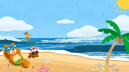 Cute Teddy Bear on Holiday at a Tropical Beach with Surfer