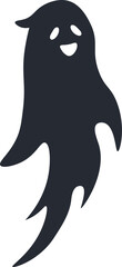 Dark silhouette of a friendly, smiling ghost floating gracefully against a bright white background, perfect for Halloween themed projects and whimsical spooky designs