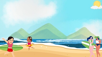 Happy People Enjoying Summer Vacation at a Tropical Beach Illustration