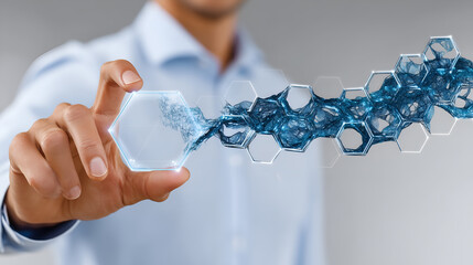 A man holds a series of transparent hexagonal shapes connected in a chain, filled with flowing blue liquid. The man is wearing a blue shirt