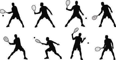 Silhouettes of Male Tennis Players in Action with Rackets and Balls, Sports Poses, Athletic Movement, Isolated on White Background