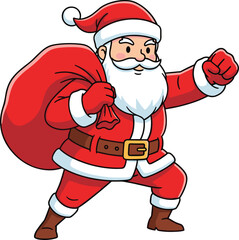 Santa Claus holding gift sack, red suit costume, festive Christmas character, jolly pose, seasonal clipart for holiday greeting designs