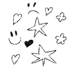 Collection of handdrawn doodles including stars, hearts, and smiley faces, isolated on a transparent background